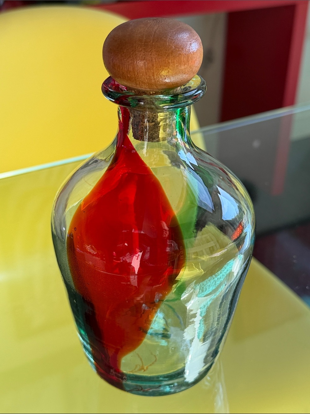 Vintage Glass Decanter Carafe Bar Murano style Hand Blown Mexican Swirl Wood Top